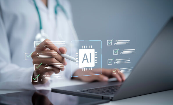 AI technology concept showing healthcare professional using digital interface with laptop and artificial intelligence chip for smart workflow automation data analysis decision support and innovation
