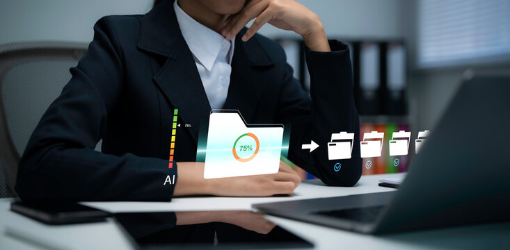 AI document management concept showing business professional organizing digital files with intelligent automation data sorting secure storage and efficient workflow on laptop