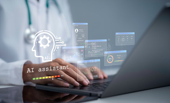 AI healthcare concept showing doctor using intelligent digital assistant with patient data analytics risk monitoring and clinical decision support for smarter medical care