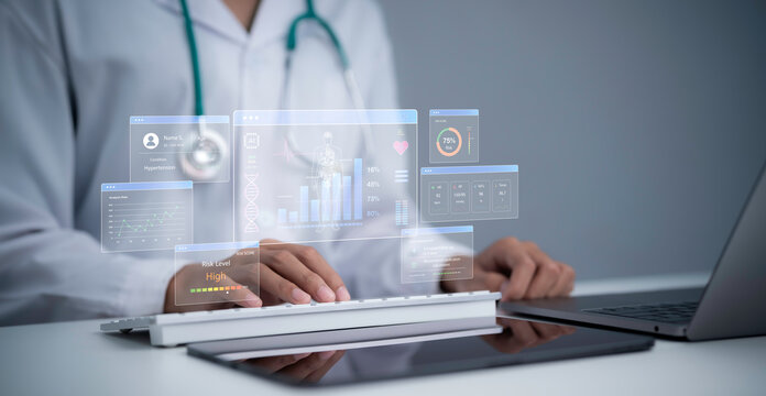 Advanced healthcare technology concept showing doctor using digital patient dashboard with AI analytics risk assessment and medical data for smart diagnosis clinical decision support and patient care