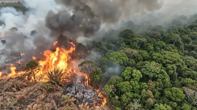Forest fire dividing the landscape, orange flames on the left, green canopy on the right, thick smoke aerial, with cinematic mood
