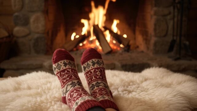 Knitted Fair Isle socks on a sheepskin rug, roaring fireplace glowing behind, rustic winter cabin, warm cozy ambiance, with dramatic mood