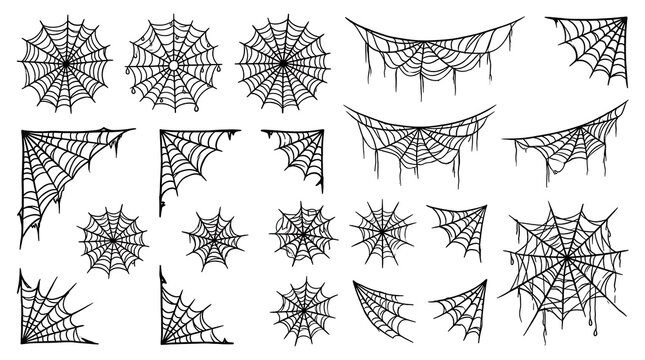 Collection of hand drawn spider web elements isolated on white background for spooky halloween projects