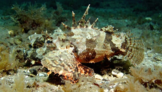 Stonefish with textured skin and sharp dorsal fins, detailed marine wildlife photography