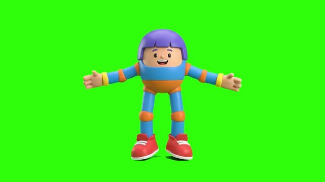 A cute 3D animated toy robot boy character performing star jumps or jumping jacks exercise on a chroma key green background. Excellent for fitness games, kids workout videos, sports app avatars, carto