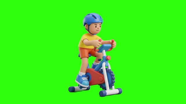 A 3D animated young boy wearing a helmet cycling on a stationary exercise bike on a chroma key green background. Ideal for indoor fitness promos, sports training videos, active lifestyle animations, k