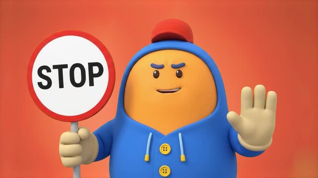 Detailed 3D CGI rendering of a funny yellow character in a blue hoodie holding a red stop sign isolated on an orange background. Great for safety commercials, traffic rules promos, educational videos,