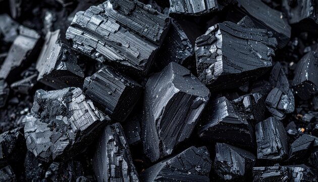 Black charcoal pieces piled together, natural fuel and filtration material