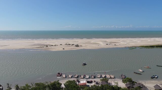 Aerial view of wooden boats in Tatajuba, Brazil.