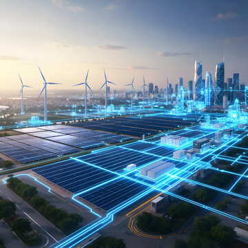 Futuristic smart grid technology with solar panel farm wind turbines and digital energy network connected to city skyline concept