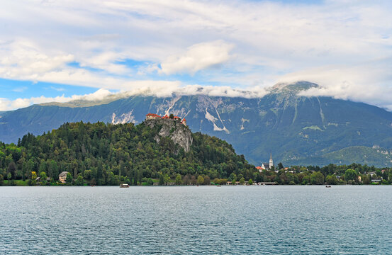 Bled Castle and Julian Alps Mountain Range Panorama Across Lake Bled Slovenia
