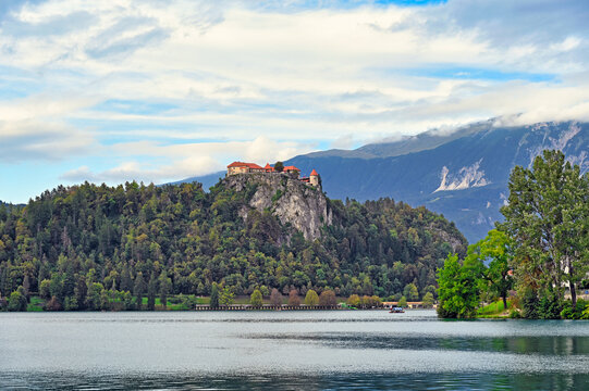 Bled Castle on High Rocky Cliff Overlooking Lake Bled Slovenia