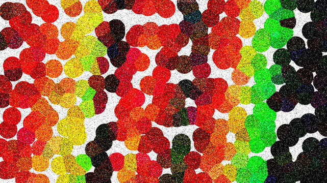 Abstract colorful background with overlapping circles in bright red yellow orange green and black colors creating a vibrant modern geometric pattern for creative design projects and digital wallpapers