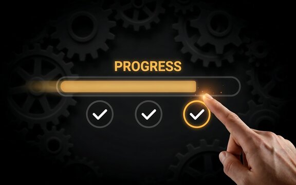Finger touching digital progress bar loading screen with gears background concept