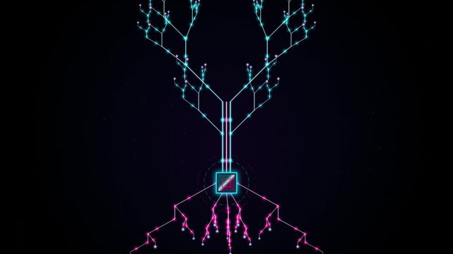 Digital neural network tree animation: abstract cybernetic data flow and artificial intelligence concept