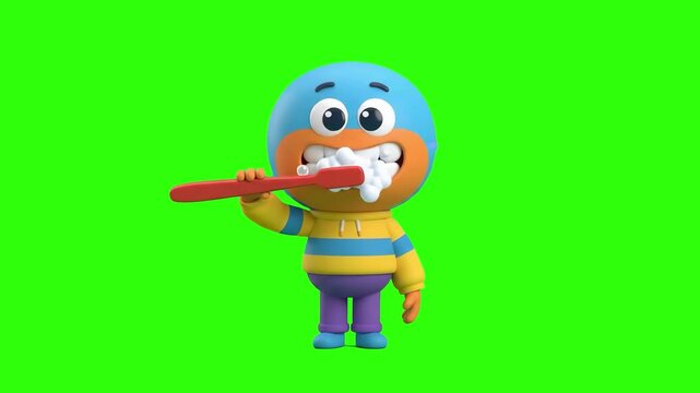 A cute 3D cartoon character brushes its teeth with foam using a red toothbrush on a green screen key background. Ideal for dental care promos, morning hygiene routines, kids educational videos, and he