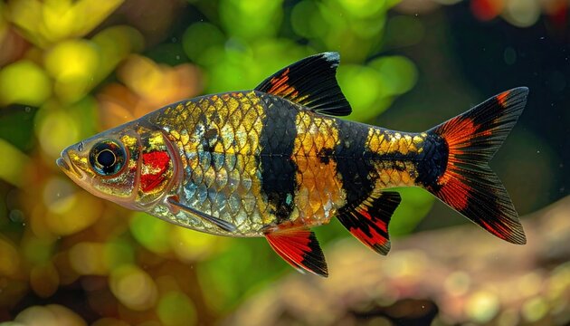 Tiger barb fish shown in detailed side profile, colorful freshwater aquarium species