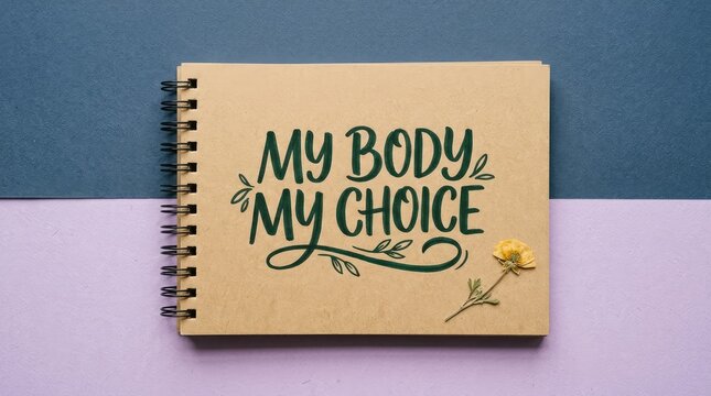 Spiral notebook featuring hand written calligraphy quote my body my choice resting on a split blue and lavender colored background