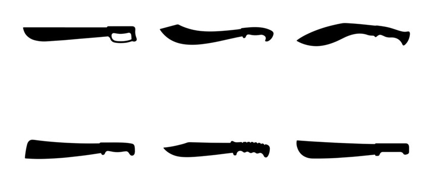Black machete and kukri knife silhouettes, tool icons, isolated on