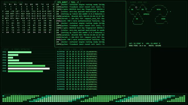 Futuristic hacking interface with scrolling code and server logs in digital workspace.