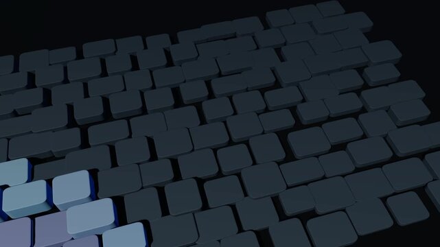 Seamless 4K dark technology animation of rounded modular blocks rising, tilting and transferring energy through neighboring modules in a cascading computational landscape for AI, data processing, syst