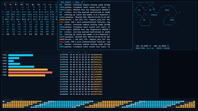 Futuristic cyber security interface displaying real time data streams and server diagnostic logs in dynamic loop.