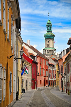 Historic Firewatch Tower and Cobblestone Street View in Sopron Hungary