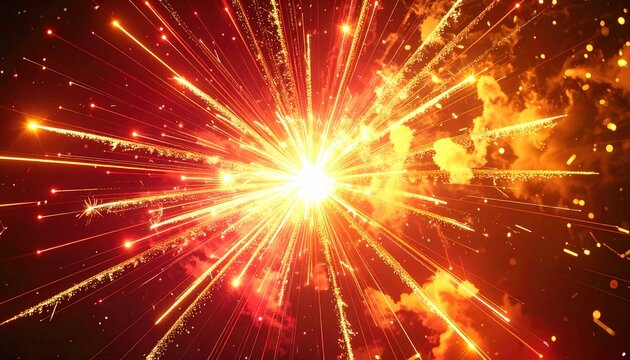 Bright firework blast with yellow and red glowing streaks, festive celebration atmosphere