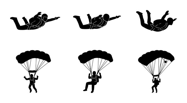 Black skydiving silhouettes, freefall and parachute descent, sport