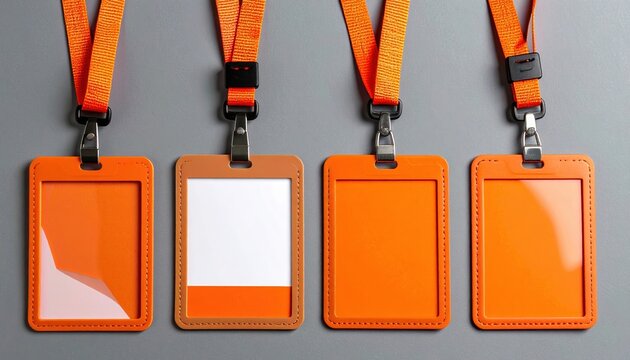 Set of orange identification card holders with matching lanyards for corporate staff and event access