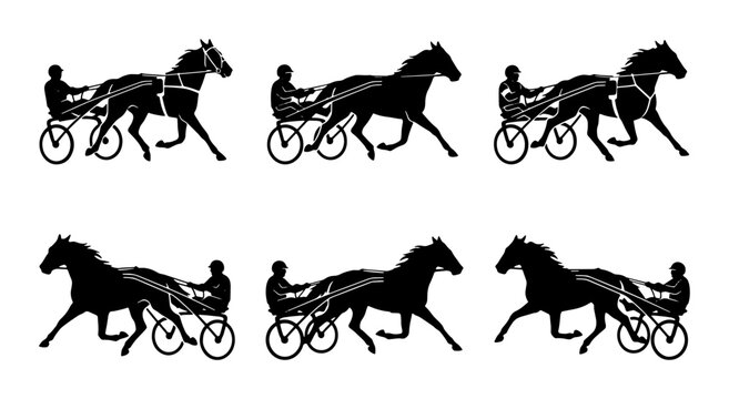 Black horse and sulky silhouettes, set for trotting race background