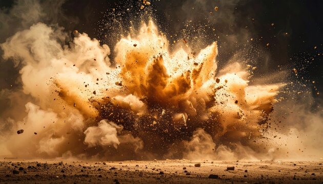 Dynamic dust explosion with flying debris and dramatic motion effect