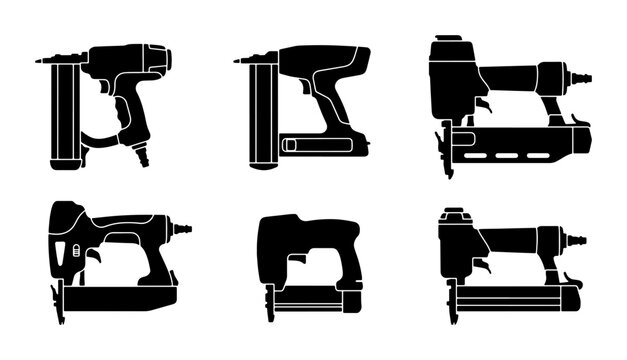 Black pneumatic stapler icons, construction and upholstery tools