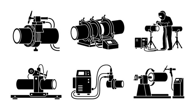 Black welding equipment icons, pipe seamers and positioners for