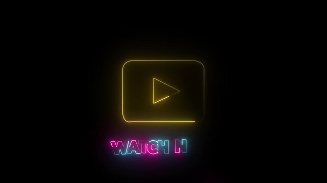 glowing neon two colars watch now icon animation on black background. youtube watch now icon. 4k motion video.