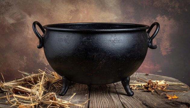 Rustic black cast iron cauldron with three legs and two handles for Halloween decorations and fantasy themes