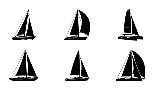 Black and white sailboat icons, nautical transport graphics, set of