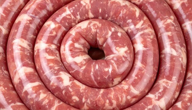 Raw pork sausages arranged in a spiral, detailed meat texture and natural marbling