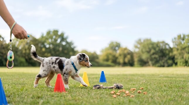 Playful puppy training with colorful cones and toys in green field