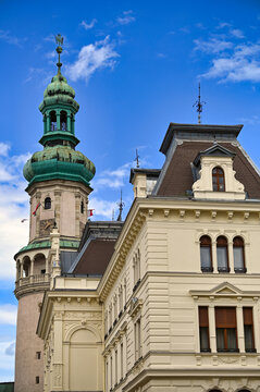 Historic Firewatch Tower and Eclectic Architecture of City Hall in Sopron Hungary