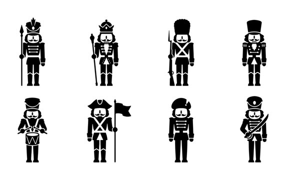 Black nutcracker soldier icons, military uniform figures with weapons