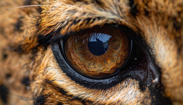 Close-up brown animal eye with reflective gaze and detailed fur texture