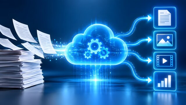 Paper documents flying into glowing digital cloud computing symbol processing into categorized multimedia file icons