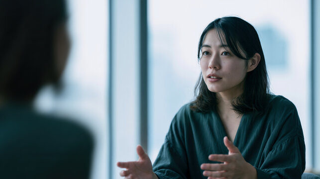 相談窓口で仕事の悩みを話す若い女性