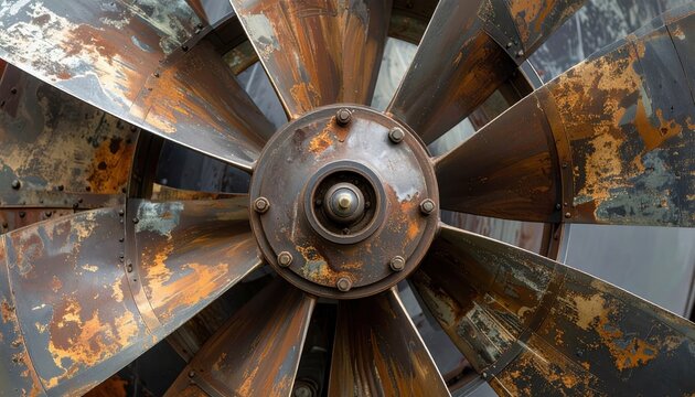 Large metallic marine propeller with twelve weathered bronze blades and bolted central hub