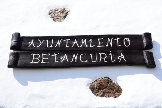 Town hall Betancuria sign along Calle Juan Bethancourt in the old town, Betancuria, Fuerteventura, Canary Islands, Spain, Europe.