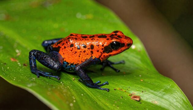 Red and blue strawberry poison dart frog resting on a leaf with vivid colors for tropical wildlife conservation