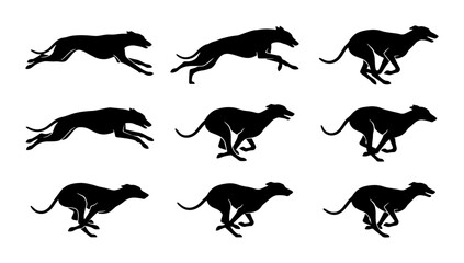 Fototapeta premium Black greyhound dog silhouettes running, animation sequence, graphic