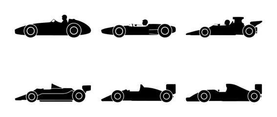 Obraz premium Black silhouettes of six racing cars, different models, graphic