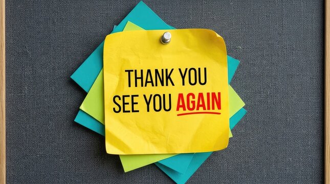 Yellow sticky note with thank you see you again message attached to a dark gray board using a small pin